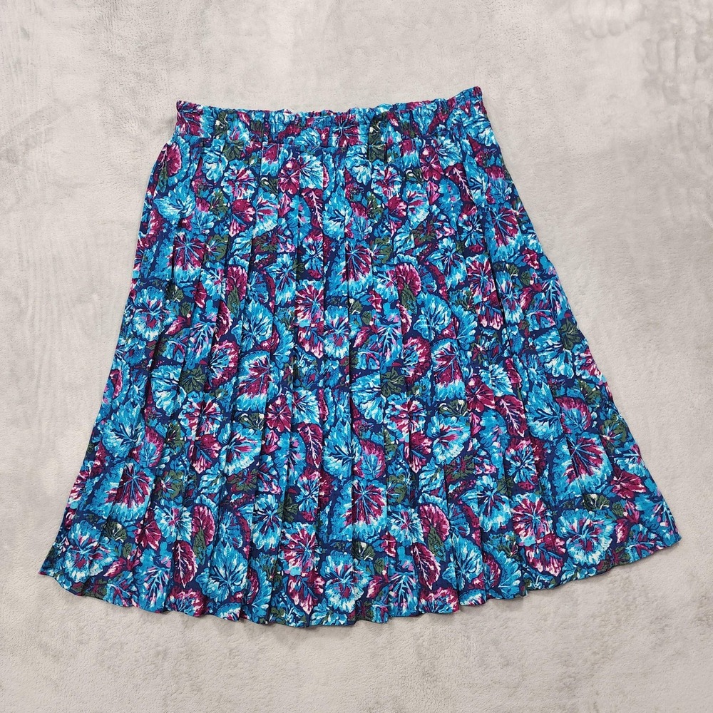 Vintage Pykettes Skirt Womens 16 Blue Floral Pleated Knee Length Elastic Pull On